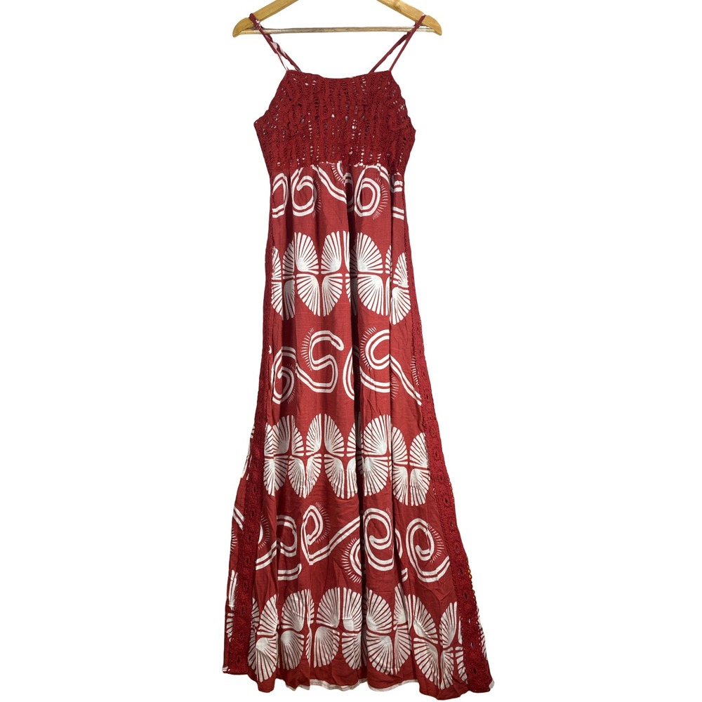 Anewsta Shell‎ Print Crochet Trim Maxi Dress XL Boho Smocked Back Beachy Vacay